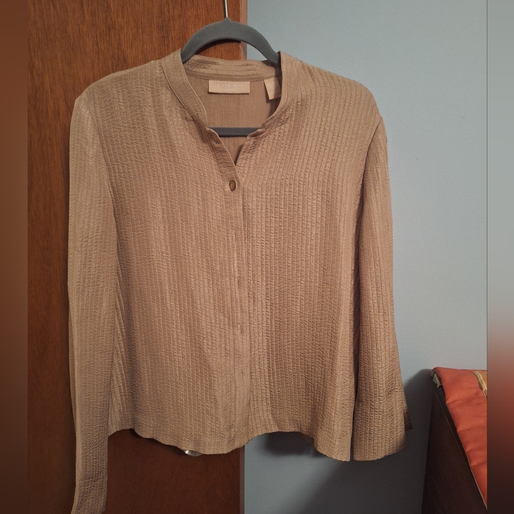 Kate Hill Women's Linen And Silk Tan Textured Button-up Top Size L